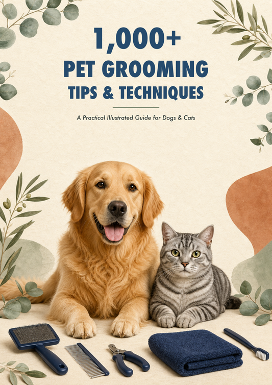 1,000+ Pet Grooming Tips & Techniques — A3 guide cover with golden retriever and gray tabby